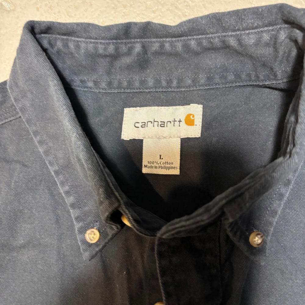 Carhartt Button Down Shirt Mens L Navy Blue Heavy Cotton Twill Workwear Long Slv - Picture 4 of 9